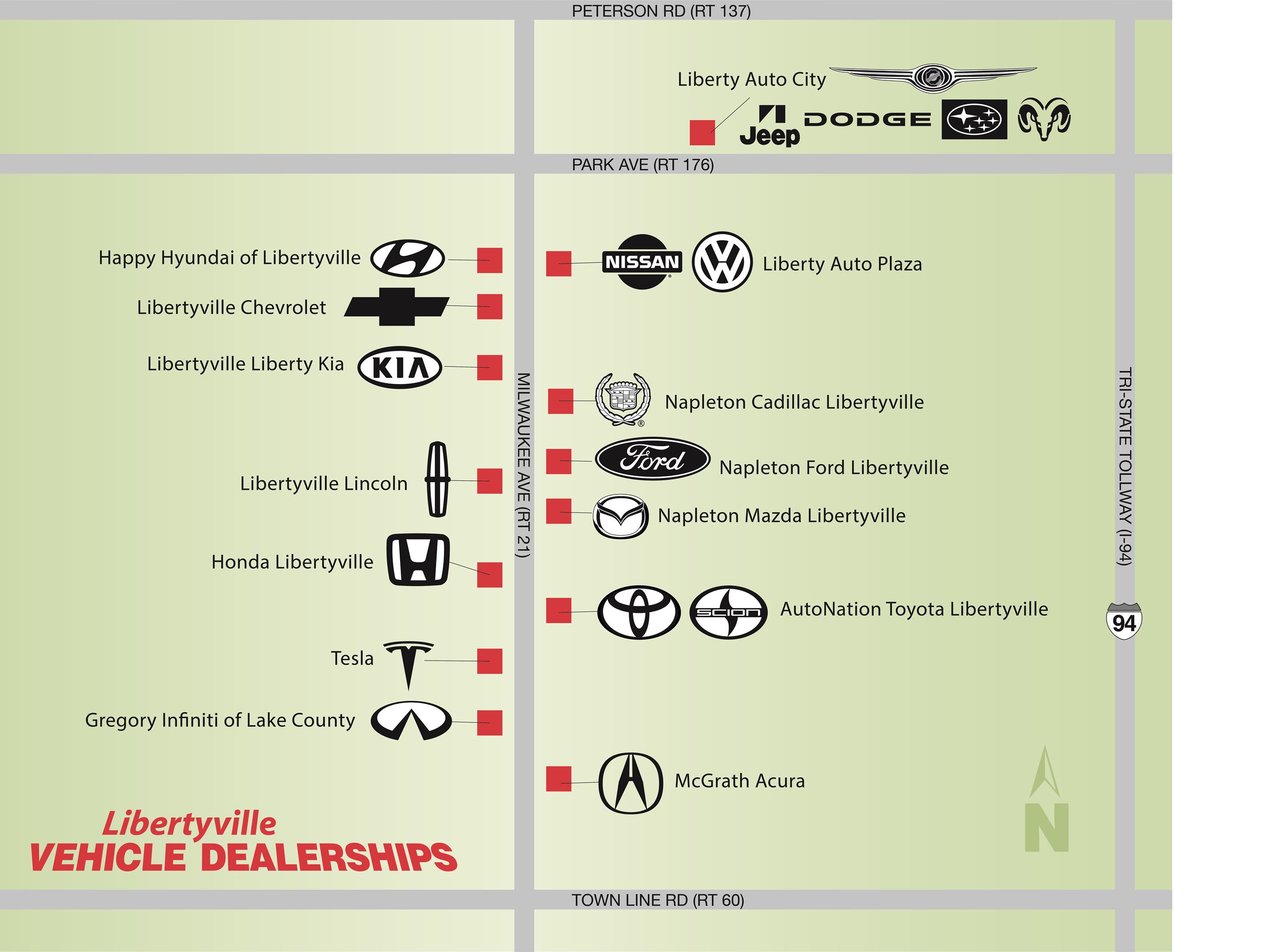 Location Map of Vehicle Dealerships on Libertyville's Mile of Cars